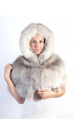 Grey fox fur  shawl with hood